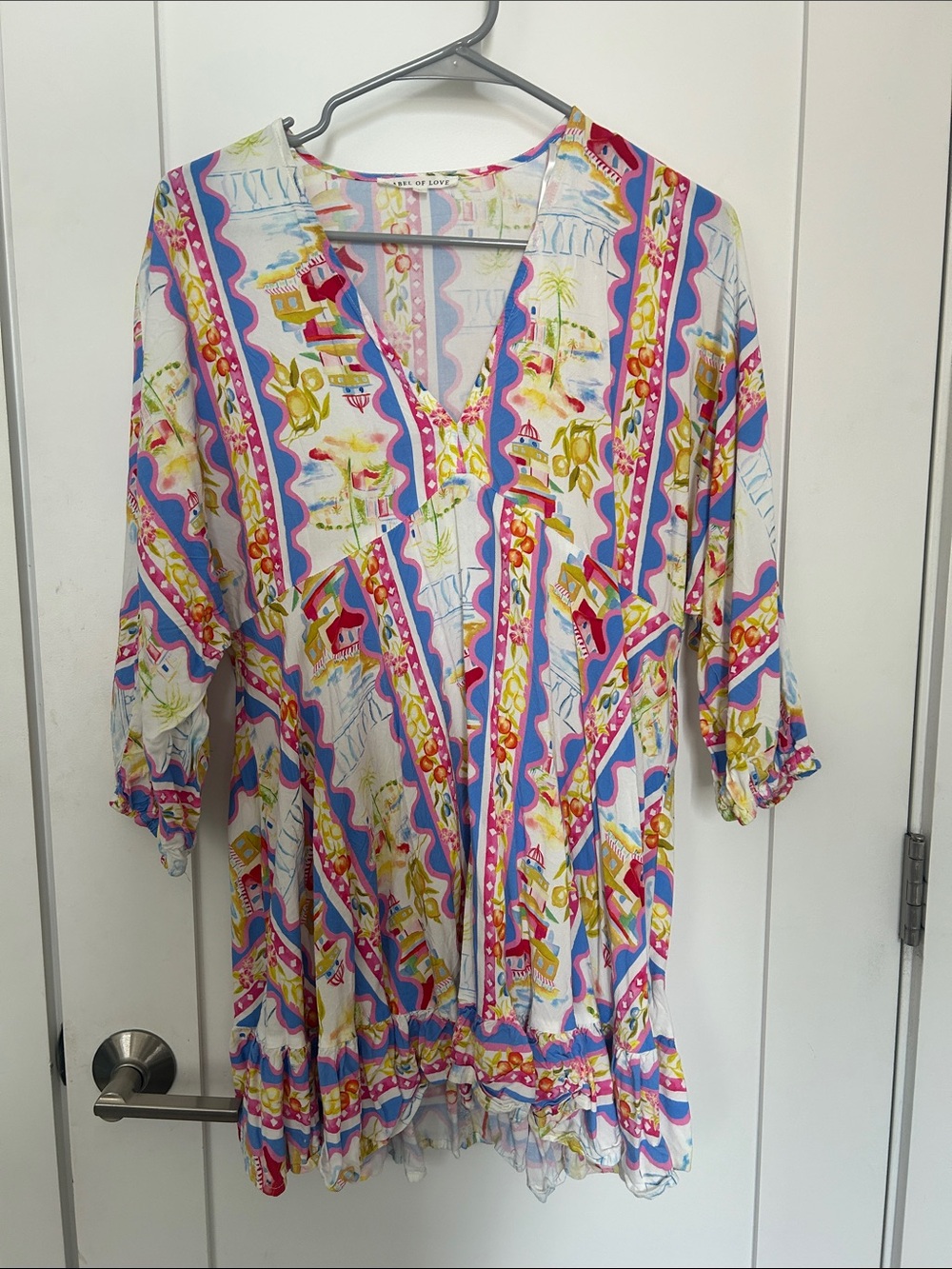 Women’s Printed V-Neck High Low Tunic,cover up-blue, red, pink and green